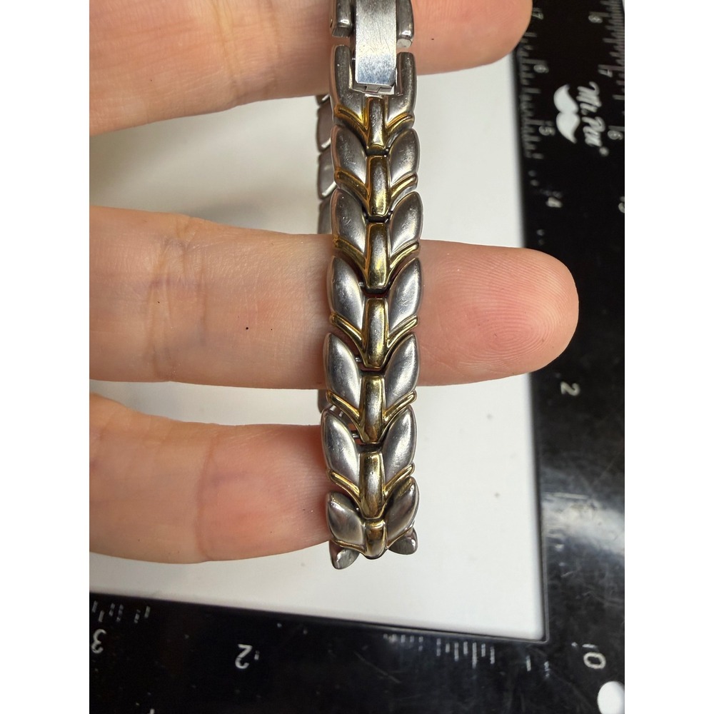 Two Tone Stainless Steel Wheat Link Bracelet Silver Gold Tone Chevron 7.5 Inch